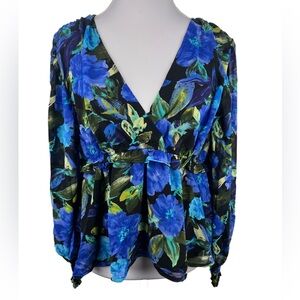 NWT Blu Pepper Blue Green Floral V-Neck Blouse Smocked Waist Long Sleeve Medium